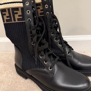 Fendi Sock Combat Boots – Black Leather & FF Logo Knit